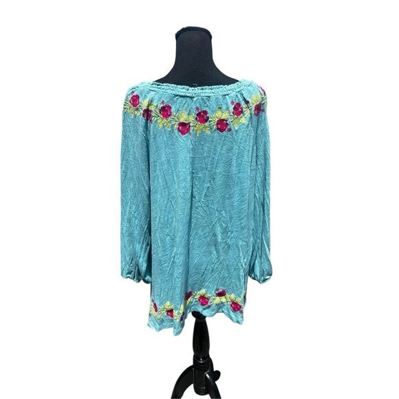 Soft Surroundings 1XL Blouse dream trip embroidered Smocked Greenish blue top - Picture 6 of 8